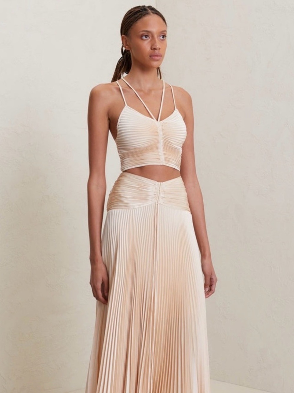A.L.C. Satin Pleated Crop Top in Champagne